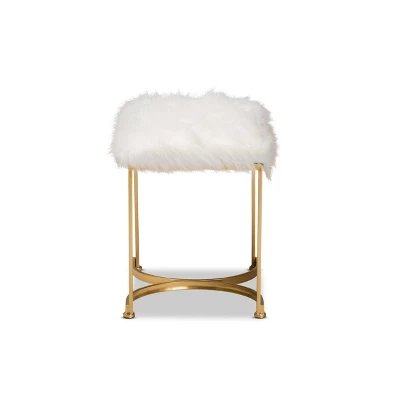 Gwyn Glam And Luxe Faux Fur Upholstered And Metal Ottoman White/Gold - Baxton Studio - Image 2