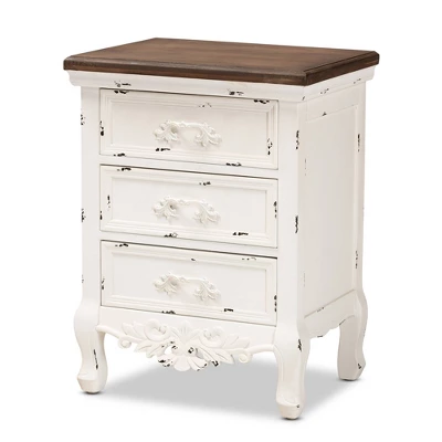 Levron And Antique Wood 3 Drawer Nightstand Walnut Brown/Antique White - Baxton Studio - Image 3