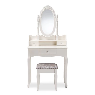 2pc Veronique White Finished Wood Vanity Table With Mirror And Ottoman White - Baxton Studio