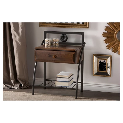 Jevenci Vintage Antique Dark Bronze Metal And Wood 1-Drawer Nightstand - Walnut - Baxton Studio - Image 5
