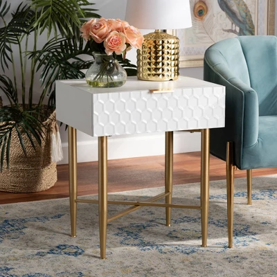 Marcin Wood And Metal 1 Drawer Nightstand White/Gold - Baxton Studio - Image 4