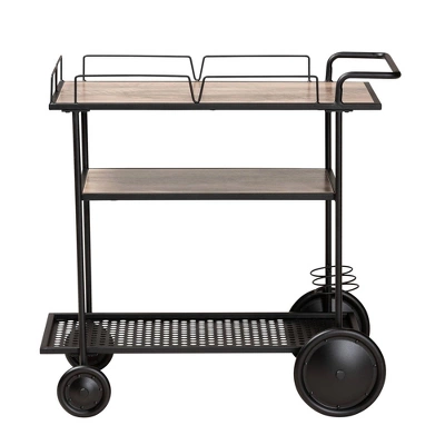Huntley Wood And Metal Mobile Wine Cart Walnut Brown/Black - Baxton Studio