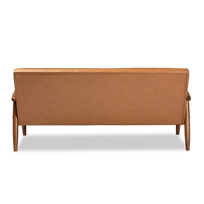 Sorrento Mid-Century Faux Leather Upholstered Wood Sofa Walnut/Brown - Baxton Studio - Image 3