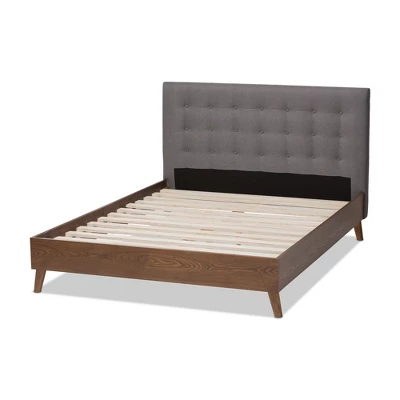 King Alinia Mid Century Retro Modern Fabric Upholstered Walnut Wood Platform Bed - Baxton Studio - Image 2