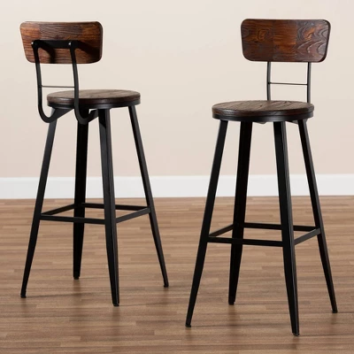 Set Of 2 Kenna Wood And Metal Finished Metal Barstools Brown/Black - Baxton Studio - Image 5