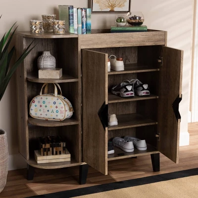 2 Door Wales Oak Wood Shoe Cabinet With Open Shelves Brown/Black - Baxton Studio - Image 9