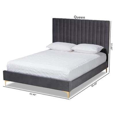 Queen Serrano Velvet Fabric Upholstered And Metal Platform Bed Gray/Gold - Baxton Studio - Image 8