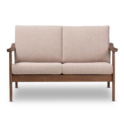 Venza Mid-Modern Walnut Wood Fabric Upholstered 2 Seater Loveseat Light Brown - Baxton Studio