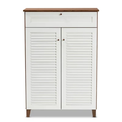Coolidge 5 Shelf Wood Shoe Cabinet With Drawer White/Walnut - Baxton Studio - Image 2
