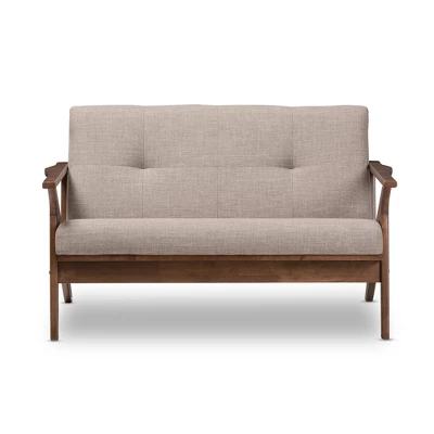 Bianca Mid-Modern Walnut Wood Fabric Tufted 2 Seater Loveseat Light Gray - Baxton Studio
