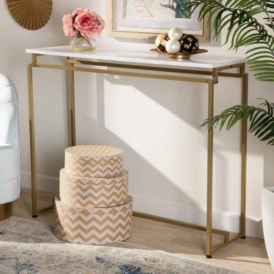 Renzo Metal Console Table With Faux Marble Tabletop White/Gold - Baxton Studio - Image 5