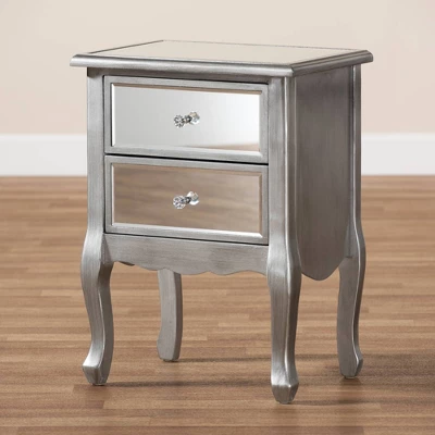 Leonie Wood And Mirrored Glass 2 Drawer Nightstand Silver - Baxton Studio - Image 7