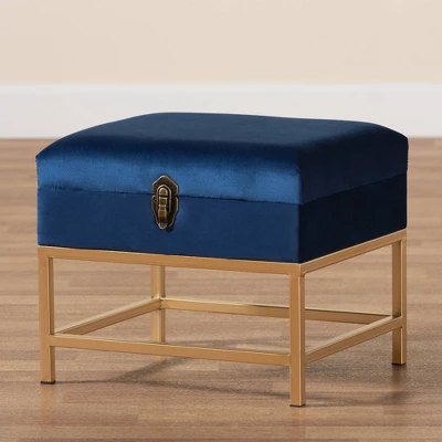 Aliana Fabric And Metal Ottoman Navy Blue/Gold - Baxton Studio - Image 8
