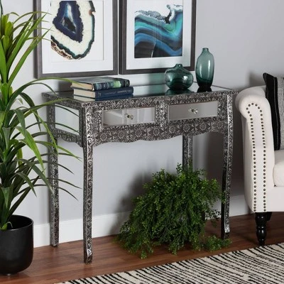 Wycliff Metal And Mirrored Glass 2 Drawer Console Table Dark Gray/Silver - Baxton Studio