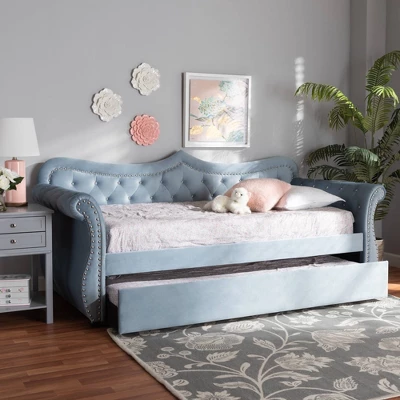 Twin Abbie Velvet Tufted Daybed With Trundle Light Blue - Baxton Studio - Image 9