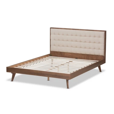 Soloman Mid - Century Modern Fabric And Walnut Finished Wood Platform Bed - Baxton Studio - Image 2