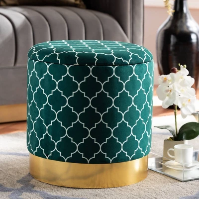Serra Quatrefoil Velvet Upholstered Metal Storage Ottoman - Baxton Studio - Image 4