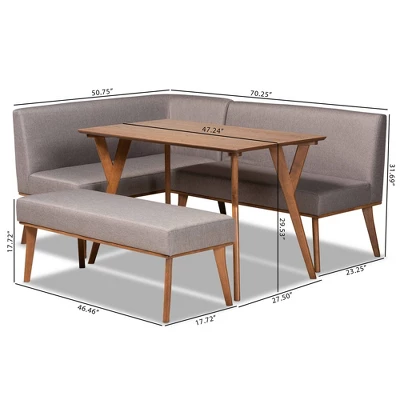 4pc Odessa Mid-Century Modern Fabric Upholstered Wood Dining Nook Set Walnut/Brown - Baxton Studio - Image 10