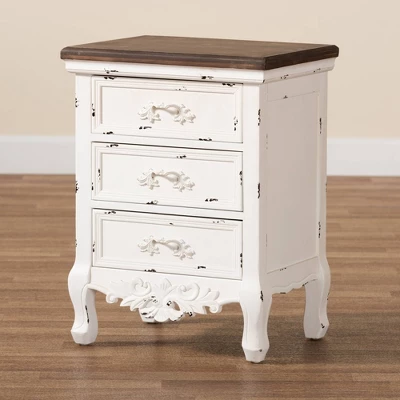 Levron And Antique Wood 3 Drawer Nightstand Walnut Brown/Antique White - Baxton Studio - Image 9