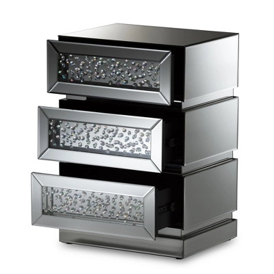 Sabrina Hollywood Regency Glamour Style Mirrored 3 - Drawer Nightstand - Baxton Studio