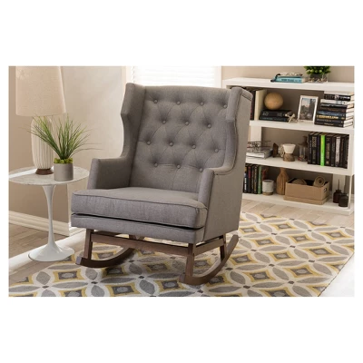 Iona Mid - Century Retro Modern Fabric Upholstered Button - Tufted Wingback Rocking Chair - Gray - Baxton Studio - Image 3