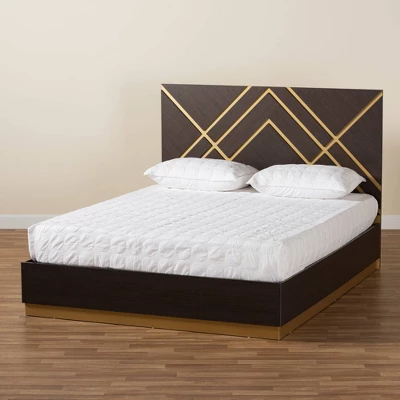 Queen Arcelia Two-Tone Wood Platform Bed Walnut Brown/Gold - Baxton Studio - Image 7