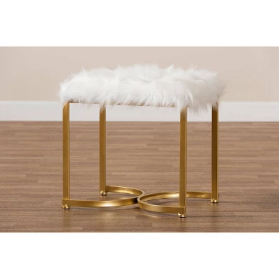 Gwyn Glam And Luxe Faux Fur Upholstered And Metal Ottoman White/Gold - Baxton Studio - Image 6