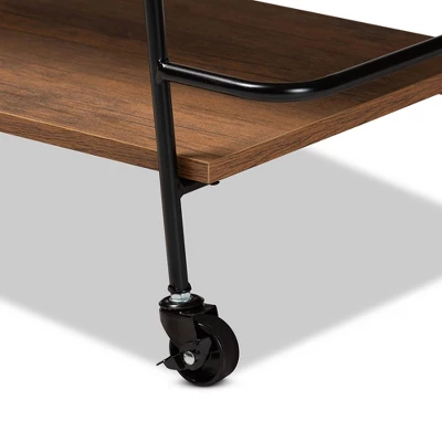 Small Bernard Rustic Industrial Metal And Wood 3 Tier Mobile Wine Bar Cart Black/Walnut - Baxton Studio - Image 7