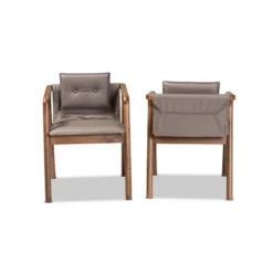 2pc Marcena Leather Upholstered And Wood Dining Chair Set Gray/Walnut Brown - Baxton Studio
