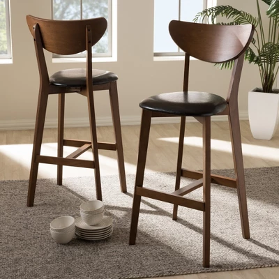 Set Of 2 Eline Mid-Century Modern Walnut Finished Wood Faux Leather Upholstered Barstools Black - Baxton Studio - Image 5