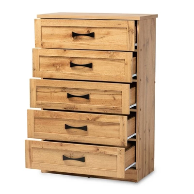 Colburn Wood 5 Drawer Tallboy Storage Chest Oak Brown - Baxton Studio