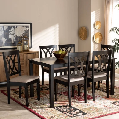 7pc Reneau Upholstered Wood Dining Set Sand Brown/Espresso - Baxton Studio - Image 5
