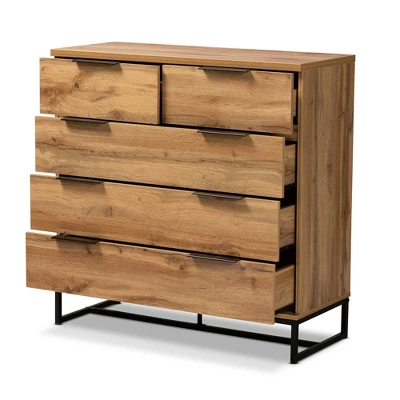 Franklin Wood And Metal 5 Drawer Bedroom Chest Oak/Black - Baxton Studio