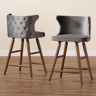 2pc Sagira Velvet Fabric Upholstered And Wood Counter Height Barstool Set - Baxton Studio - Image 6