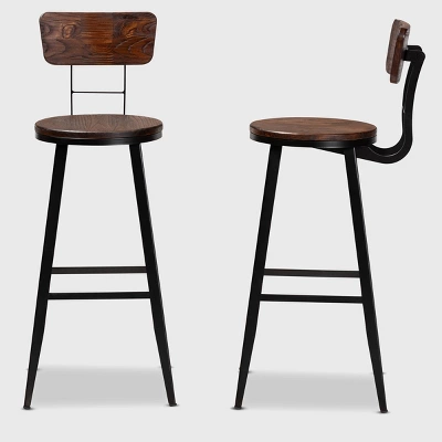 Set Of 2 Kenna Wood And Metal Finished Metal Barstools Brown/Black - Baxton Studio - Image 2