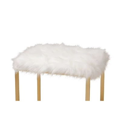 Gwyn Glam And Luxe Faux Fur Upholstered And Metal Ottoman White/Gold - Baxton Studio - Image 3