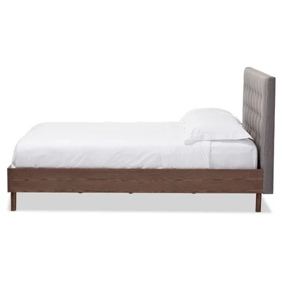 Alinia Mid-Century Retro Modern Fabric Upholstered Walnut Wood Platform Bed - Queen - Baxton Studio - Image 3