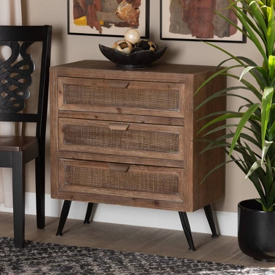 Calida Wood And Rattan 3 Drawer Storage Cabinet Brown - Baxton Studio - Image 6