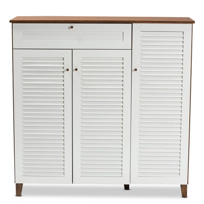 Coolidge 11 Shelf Wood Shoe Cabinet With Drawer White/Walnut - Baxton Studio - Image 2