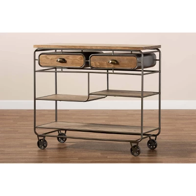 2 Drawer Grant Vintage Rustic Industrial Wood And Metal Kitchen Cart Brown/Black - Baxton Studio - Image 8