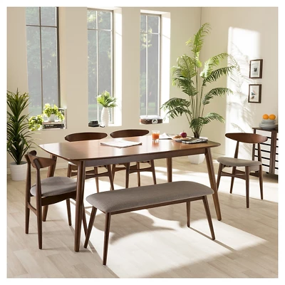 6pc Dining Set Flora Mid-Century Modern Finishing Wood Light Gray/Medium Brown - Baxton Studio