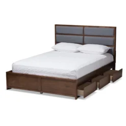 Macey Modern And Contemporary Fabric Upholstered Walnut Finished Storage Platform Bed Gray/Brown - Baxton Studio