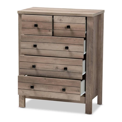 Derek Natural Wood 5 Drawer Chest Brown - Baxton Studio