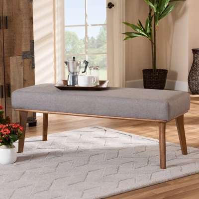 Odessa Mid-Century Modern Fabric Upholstered Wood Dining Bench Walnut/Brown - Baxton Studio - Image 4