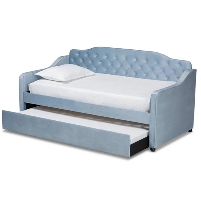 Twin Freda Velvet Tufted Daybed With Trundle Light Blue - Baxton Studio