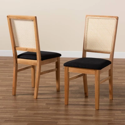 Set Of 2 Idris Fabric Upholstered Rattan Dining Chairs Black/Oak Brown - Baxton Studio - Image 7