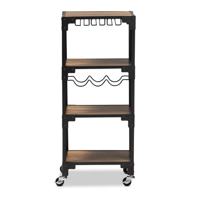 4 Tier Victor Wood And Metal Mobile Wine Cart Walnut/Black - Baxton Studio