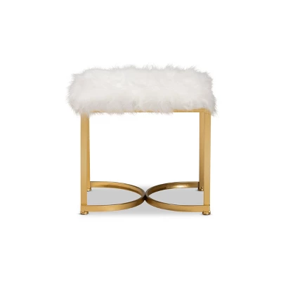 Gwyn Glam And Luxe Faux Fur Upholstered And Metal Ottoman White/Gold - Baxton Studio