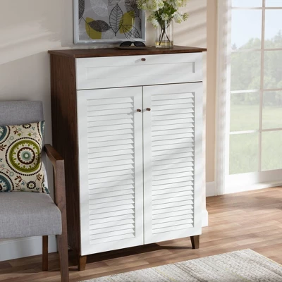 Coolidge 5 Shelf Wood Shoe Cabinet With Drawer White/Walnut - Baxton Studio - Image 6