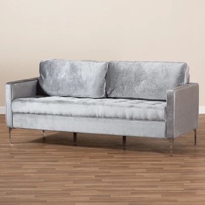 Baxton Studio Clara Velvet Fabric Upholstered 3 Seater Sofa Gray - BaxtonStudio - Image 4